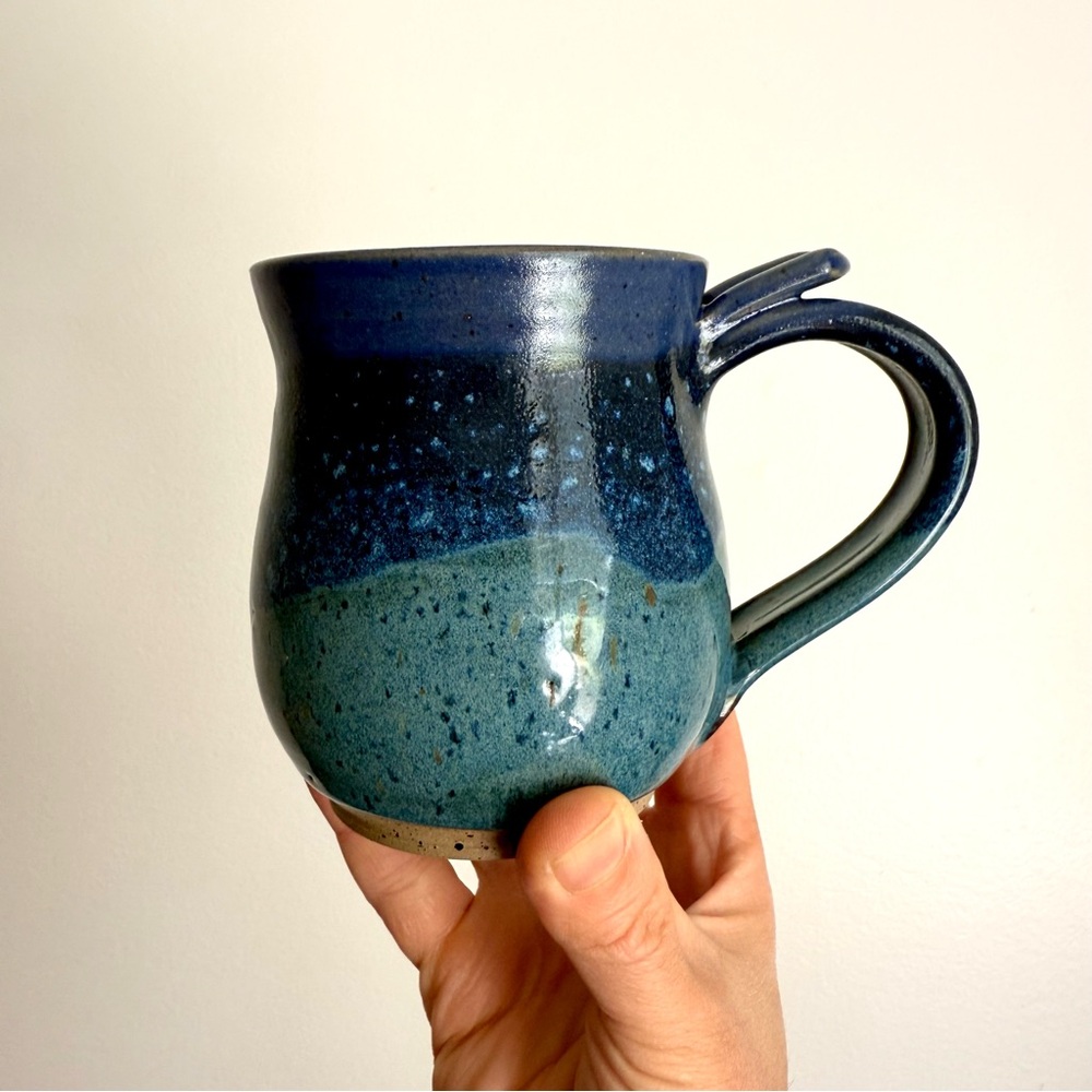 Hand Thrown Pottery Mug, Blue and Light Blue Speckled Drip Glaze, Studio Pottery